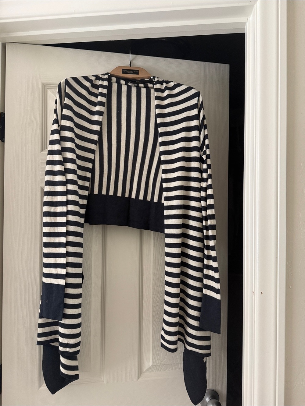 BCBGMaxAzria Black and White Striped Open-Front Cropped Shrug